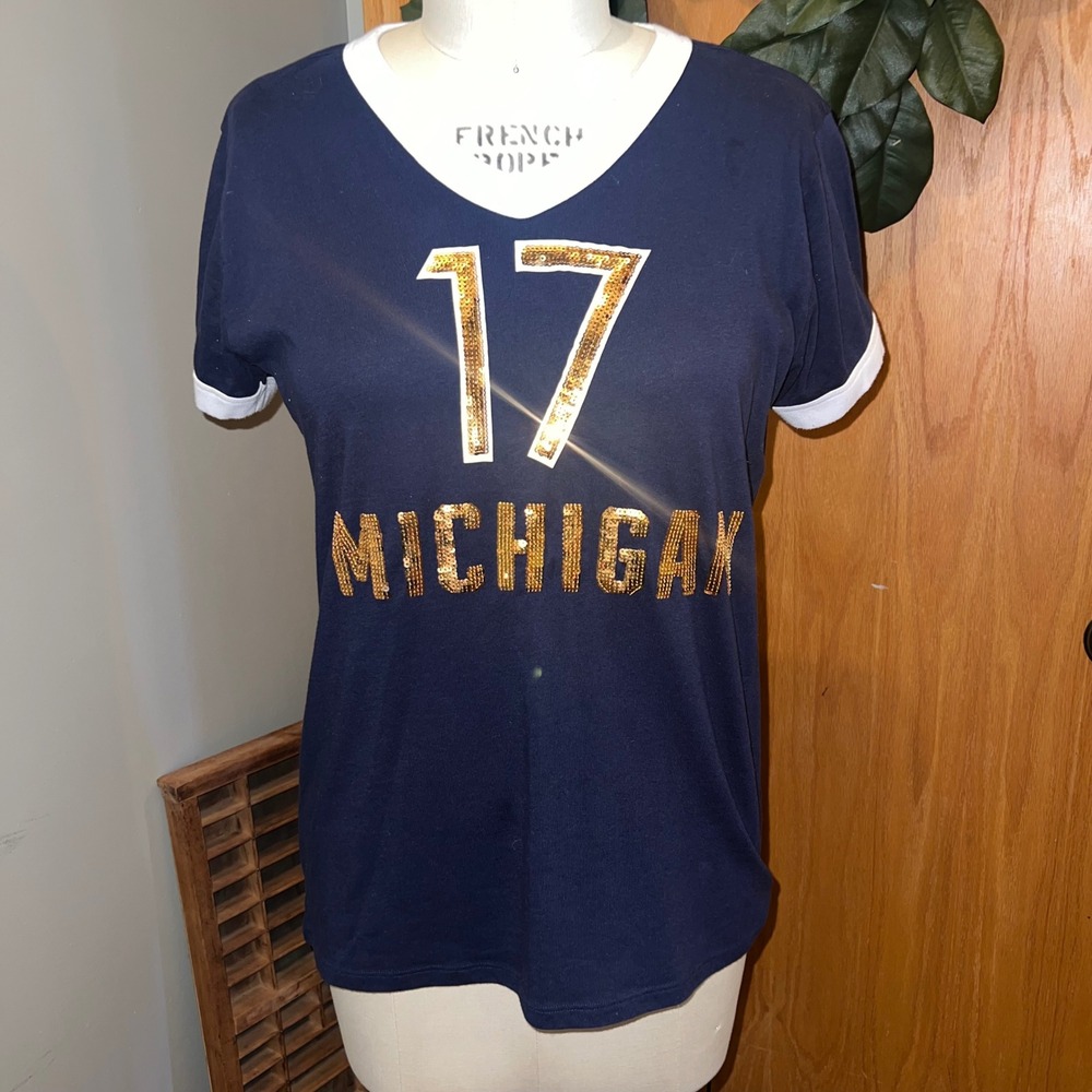 PINK Michigan Wolverines Shirt Women L Blue Sequin V-Neck Ringer Tee